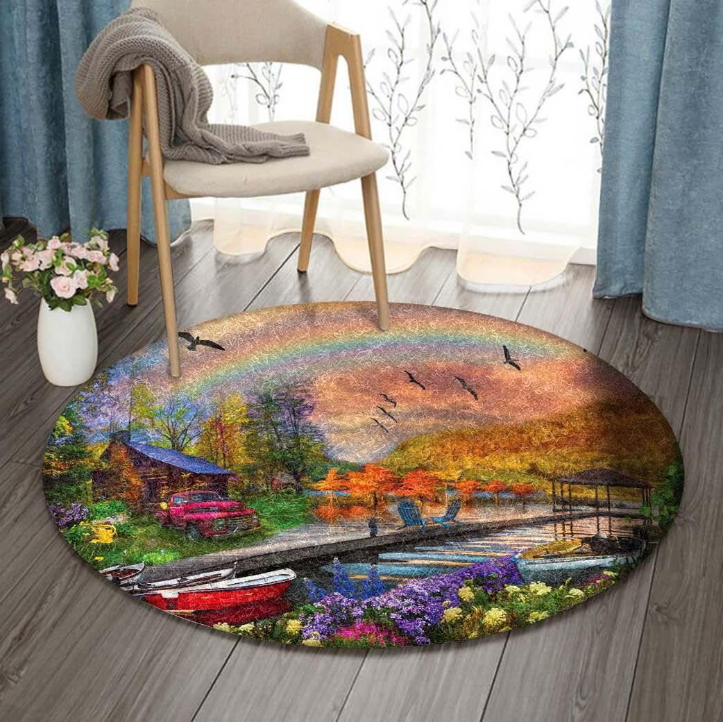 Village Boat Car Bird And River Round Carpet