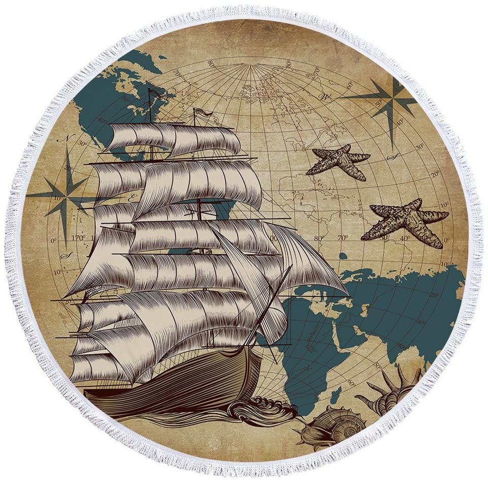 Vinatge Sail Ship With Starfish Printed Round Beach Towel