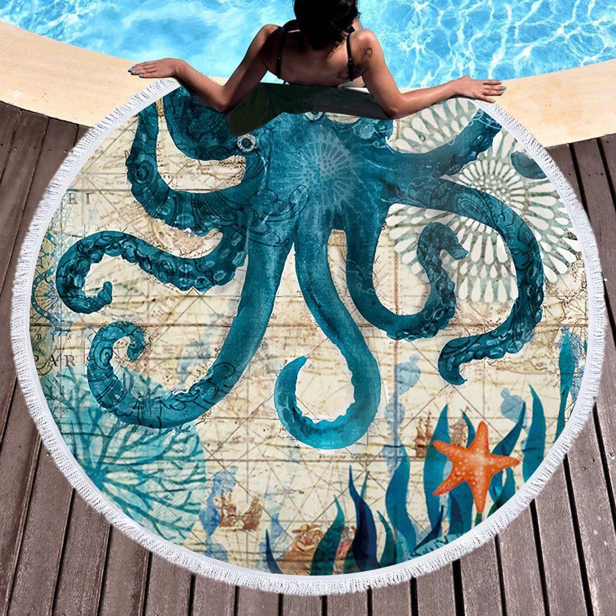 Vintage Art By Blue Octopus Printed Round Beach Towel