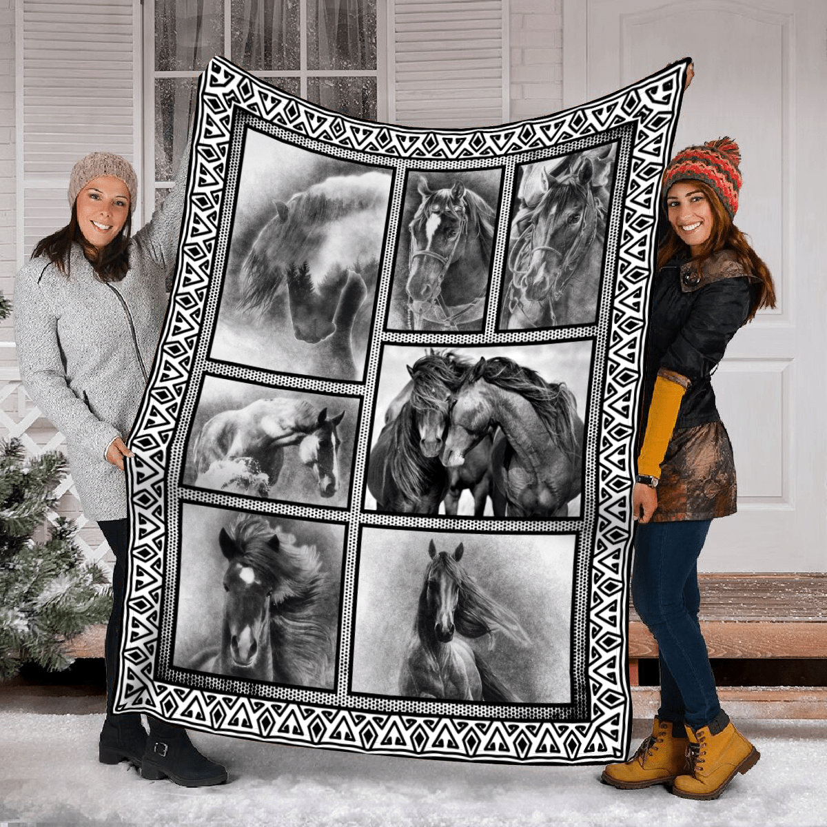 Vintage Black And White Horse Fleece Blanket Gift For Men