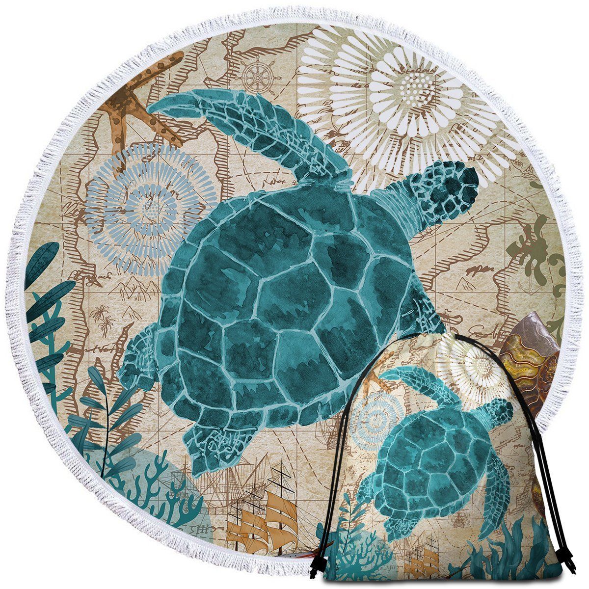 Vintage Blue Sea Turtle And Coral Under Ocean Printed Round Beach Towel