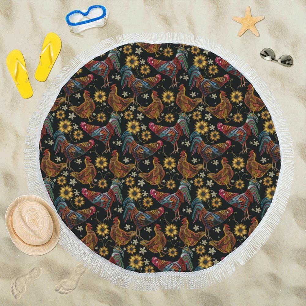 Vintage Chicken Embroidery Style Round Beach Towel