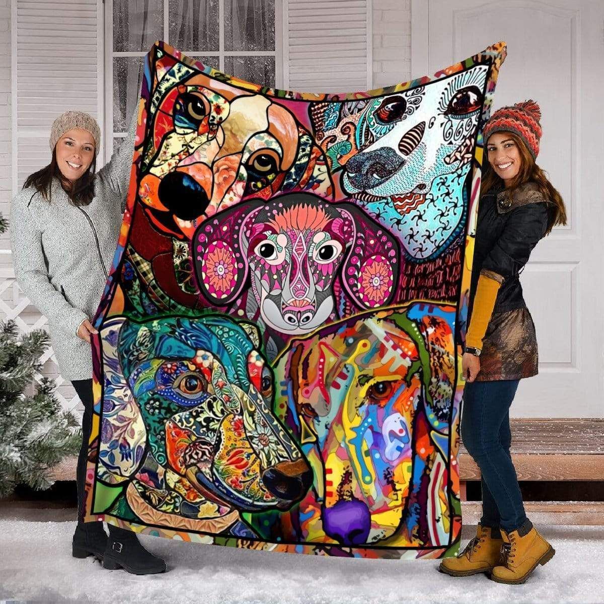 Vintage Colorful Boho Dachshund Dog Watercolor Fleece Blanket