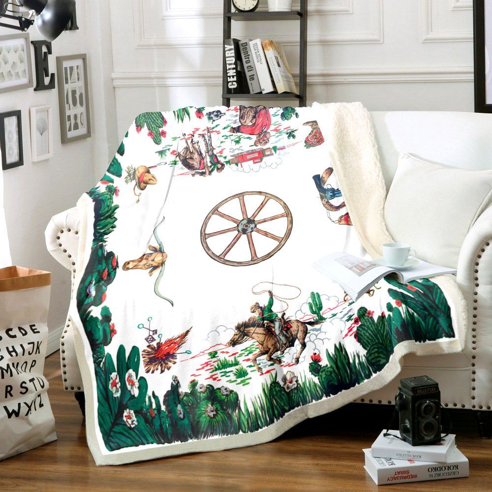 Vintage Cowboy Cactus Western Sherpa Fleece Blanket