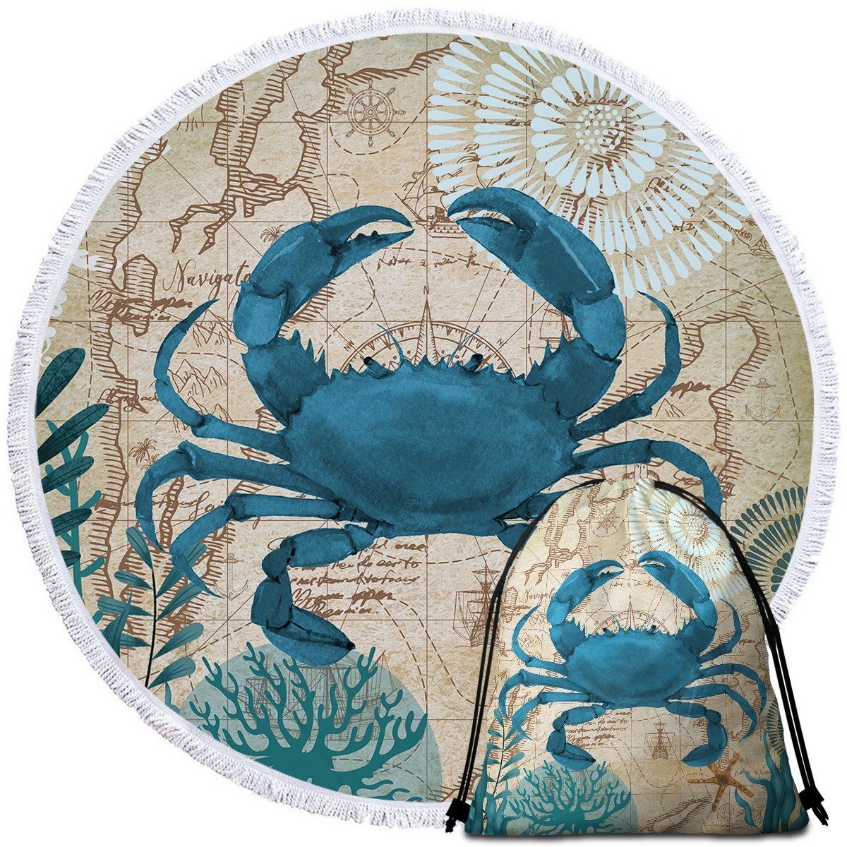 Vintage Crab Love And Coral Printed Round Beach Towel