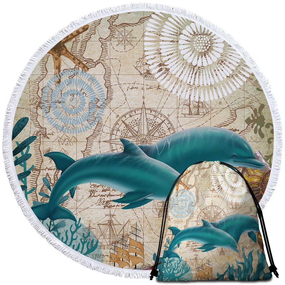 Vintage Dolphin Love Pattern Printed Round Beach Towel