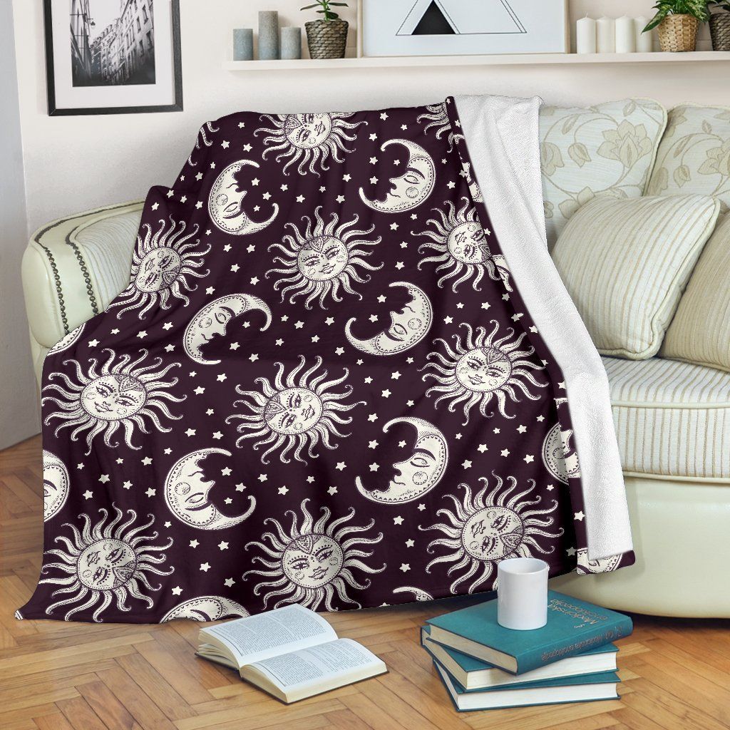 Vintage Dot Sun Moon Face Printed Fleece Blanket