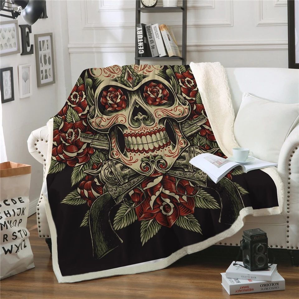 Vintage Floral Skull Sherpa Fleece Blanket