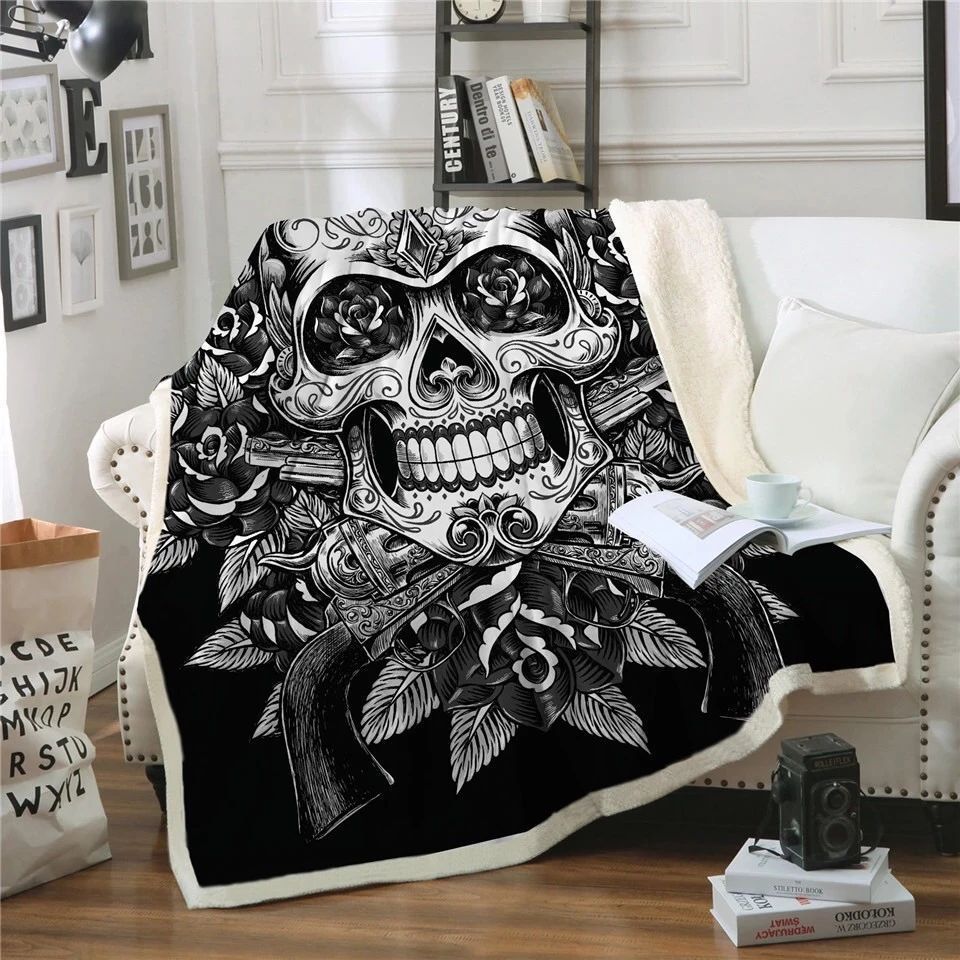 Vintage Floral Skull Sherpa Fleece Blanket