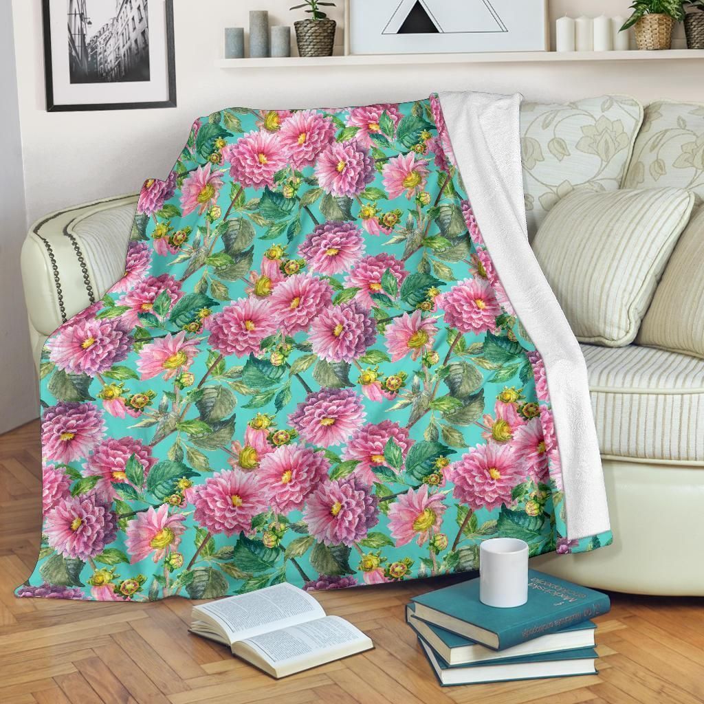 Vintage Flower Dahlia Pattern Print Design Fleece Blanket