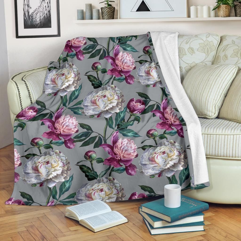 Vintage Flower Peony Pattern Printed Fleece Blanket