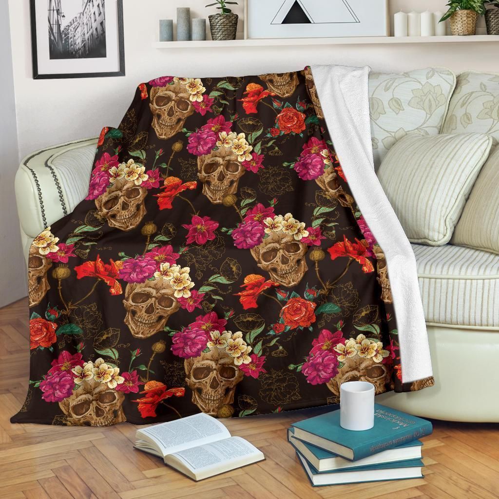 Vintage Flowers Skull Sherpa Fleece Blanket