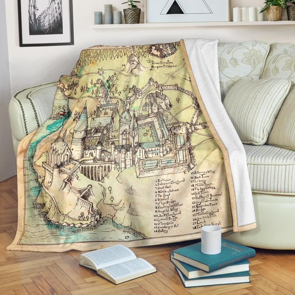 Vintage Hogwarts Map Harry Potter Printed Fleece Blanket