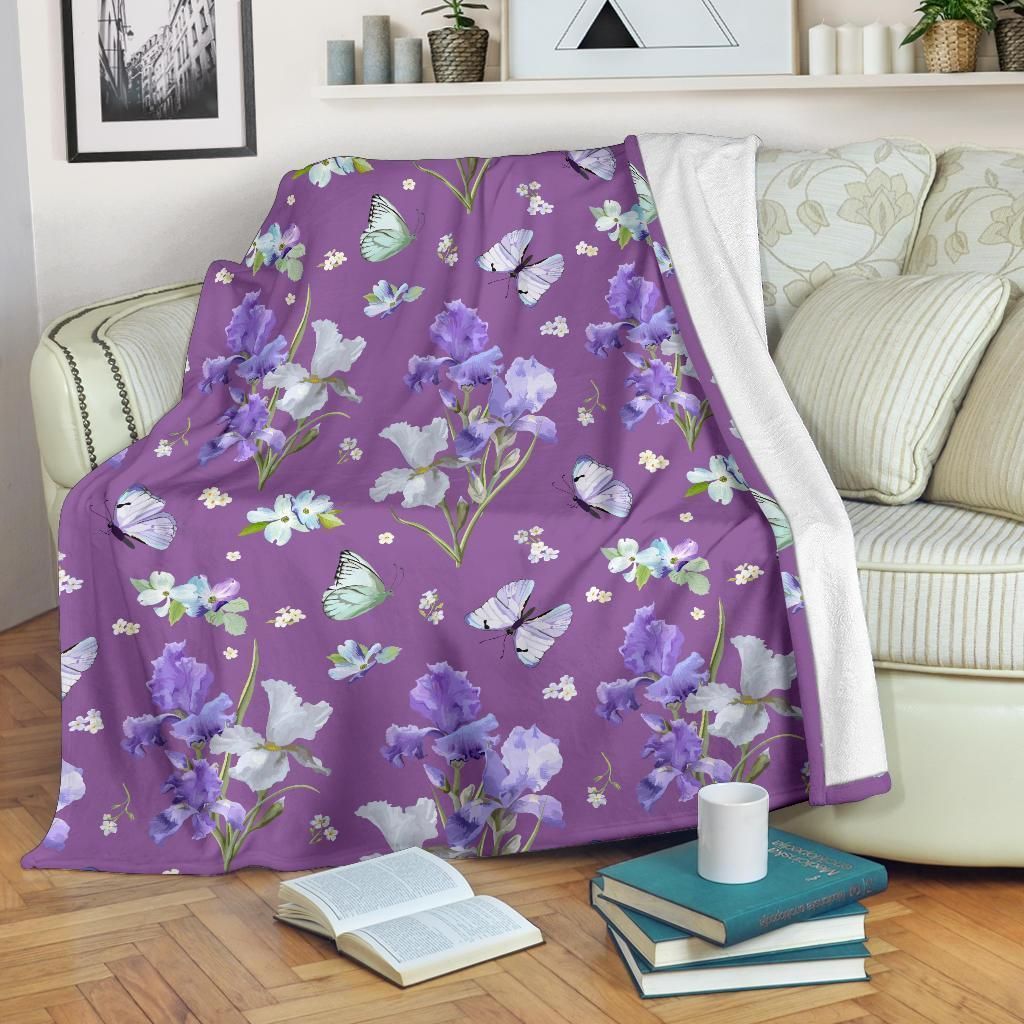 Vintage Iris Pattern Print Design Purple Fleece Blanket