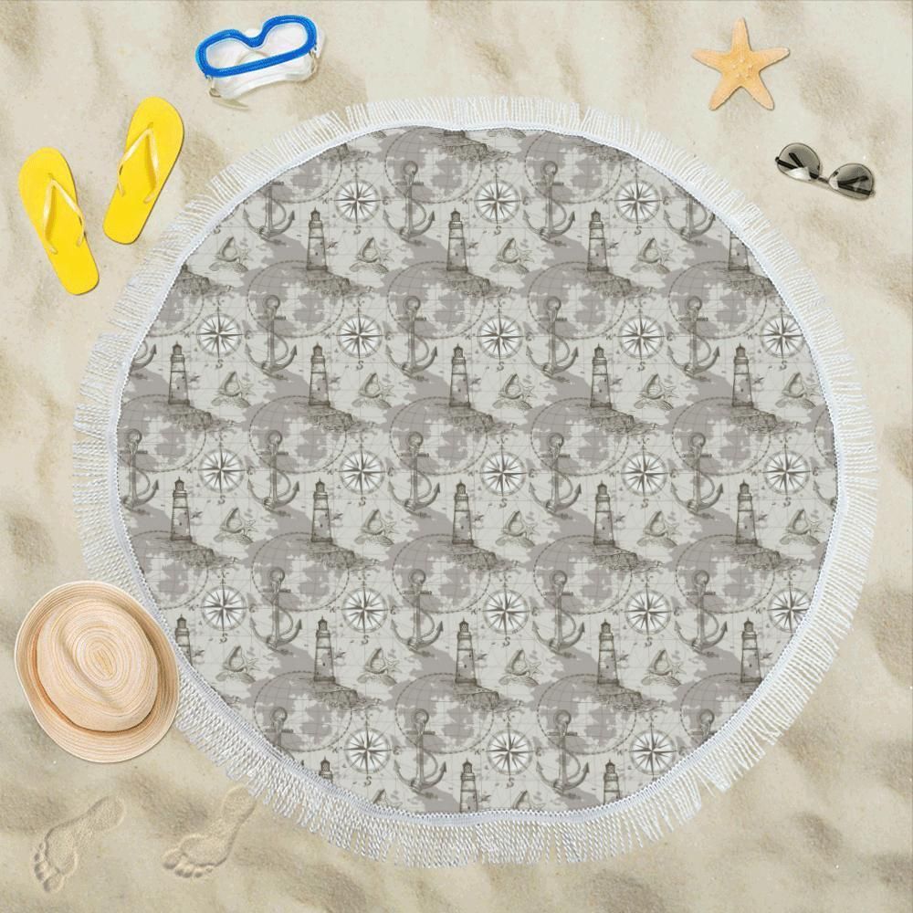 Vintage Nautical Map Design Themed Print Round Beach Towel