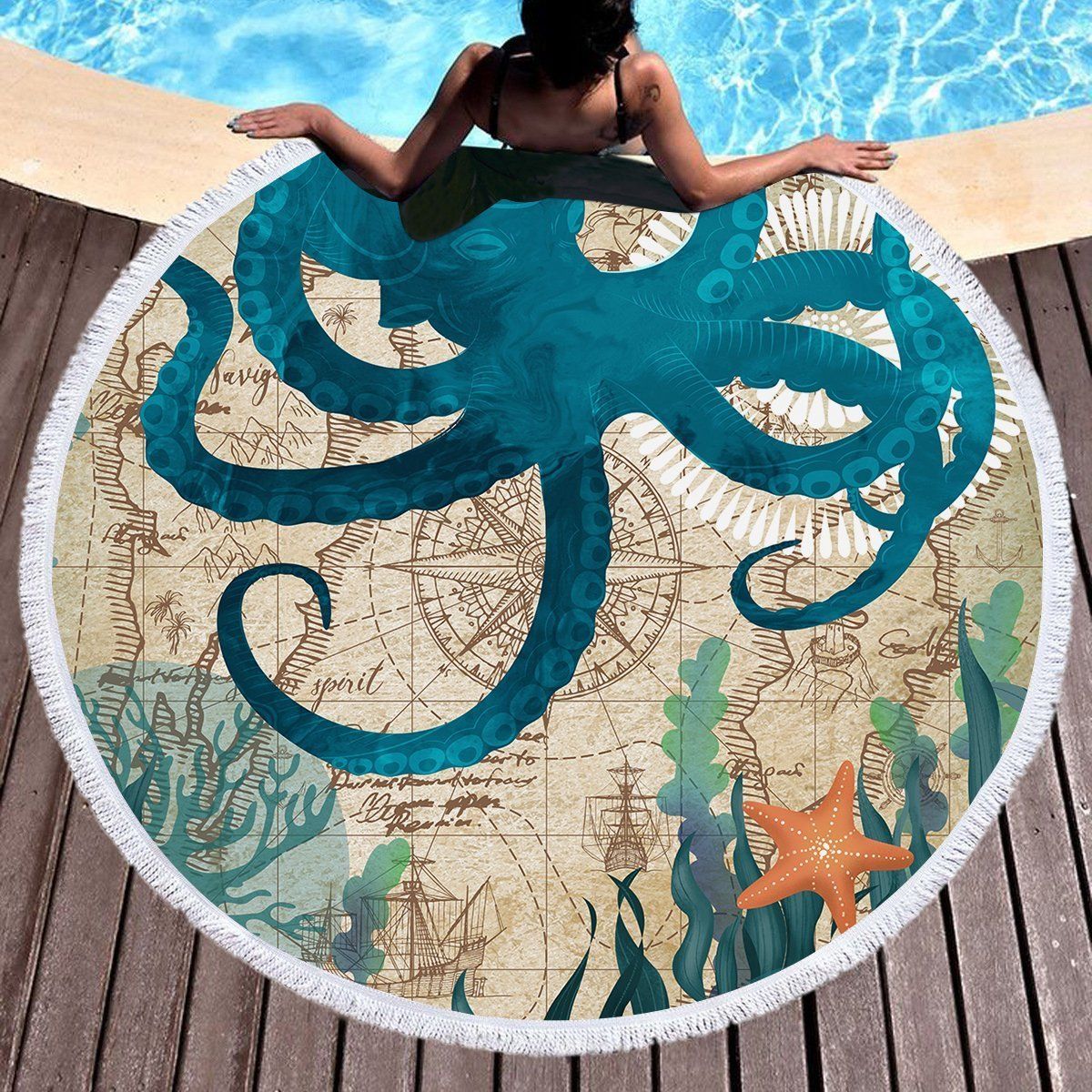 Vintage Octopus Lover Printed Round Beach Towel
