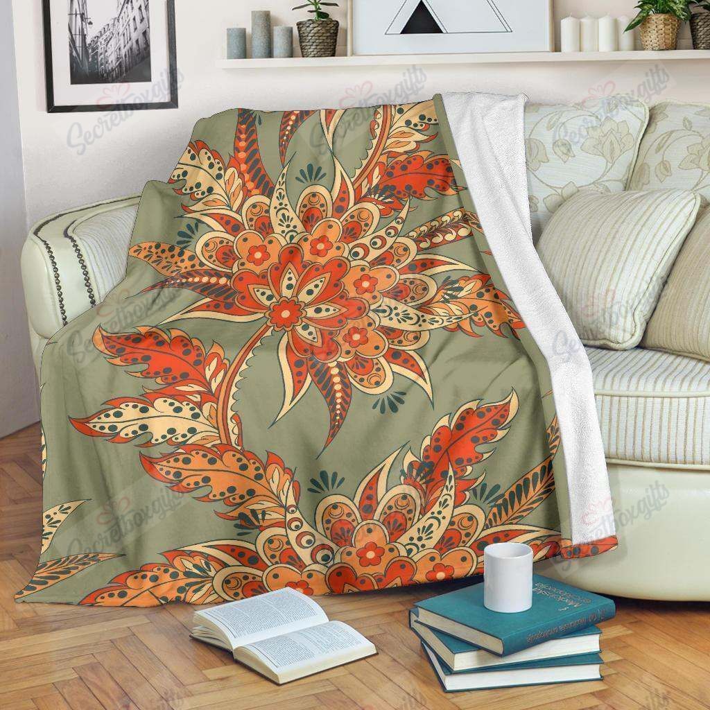 Vintage Orange Bohemian Floral Fleece Blanket