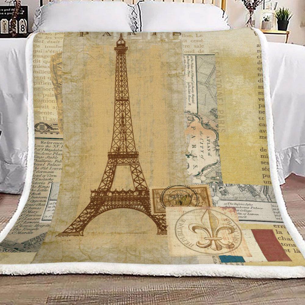 Vintage Paris France Eiffel Tower Sherpa Fleece Blanket