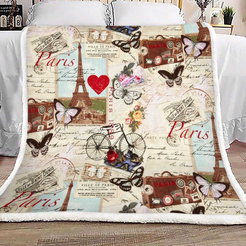 Vintage Paris Love Eiffel Tower Sherpa Fleece Blanket
