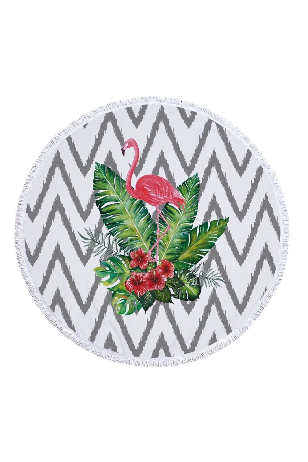 Vintage Pattern With Tropical Leaves Flamingo Printed Round Beach Towel