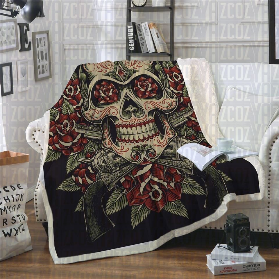 Vintage Red Green Sugar Skull Sherpa Fleece Blanket