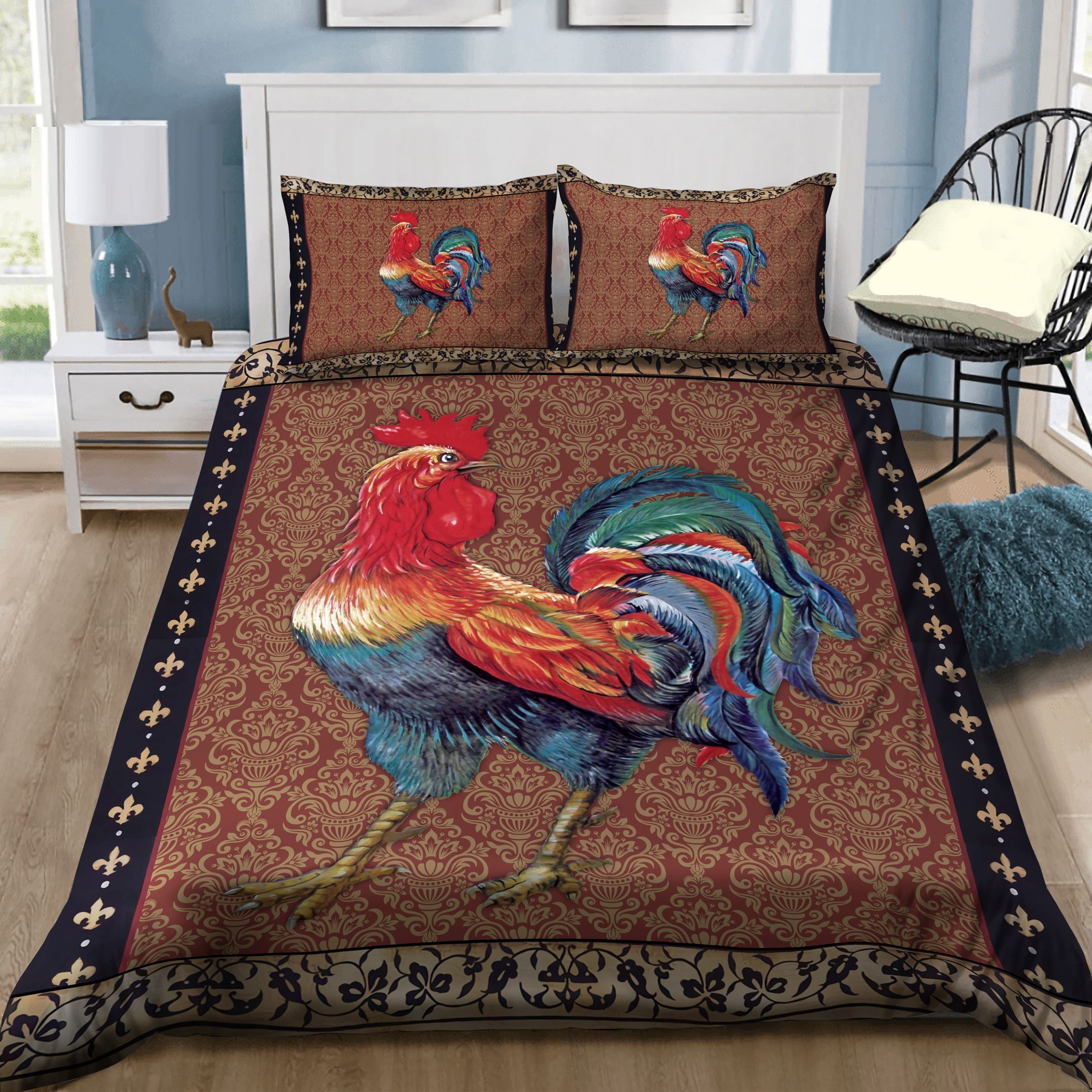 Vintage Rooster Floral Bedding Set