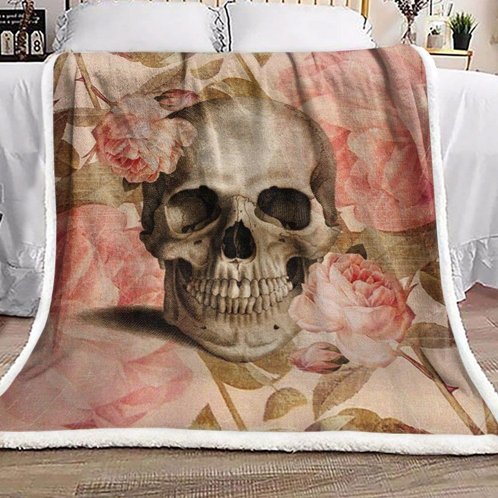 Vintage Rose Skull Sherpa Fleece Blanket