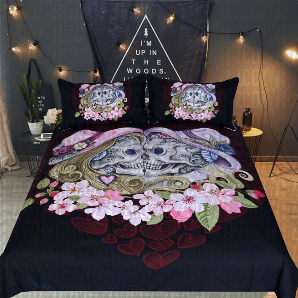 Vintage Sugar Skull Couple Black Bedding Set