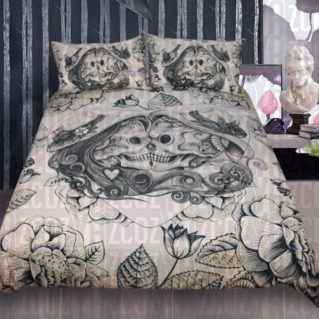 Vintage Sugar Skull Couple Cream Bedding Set