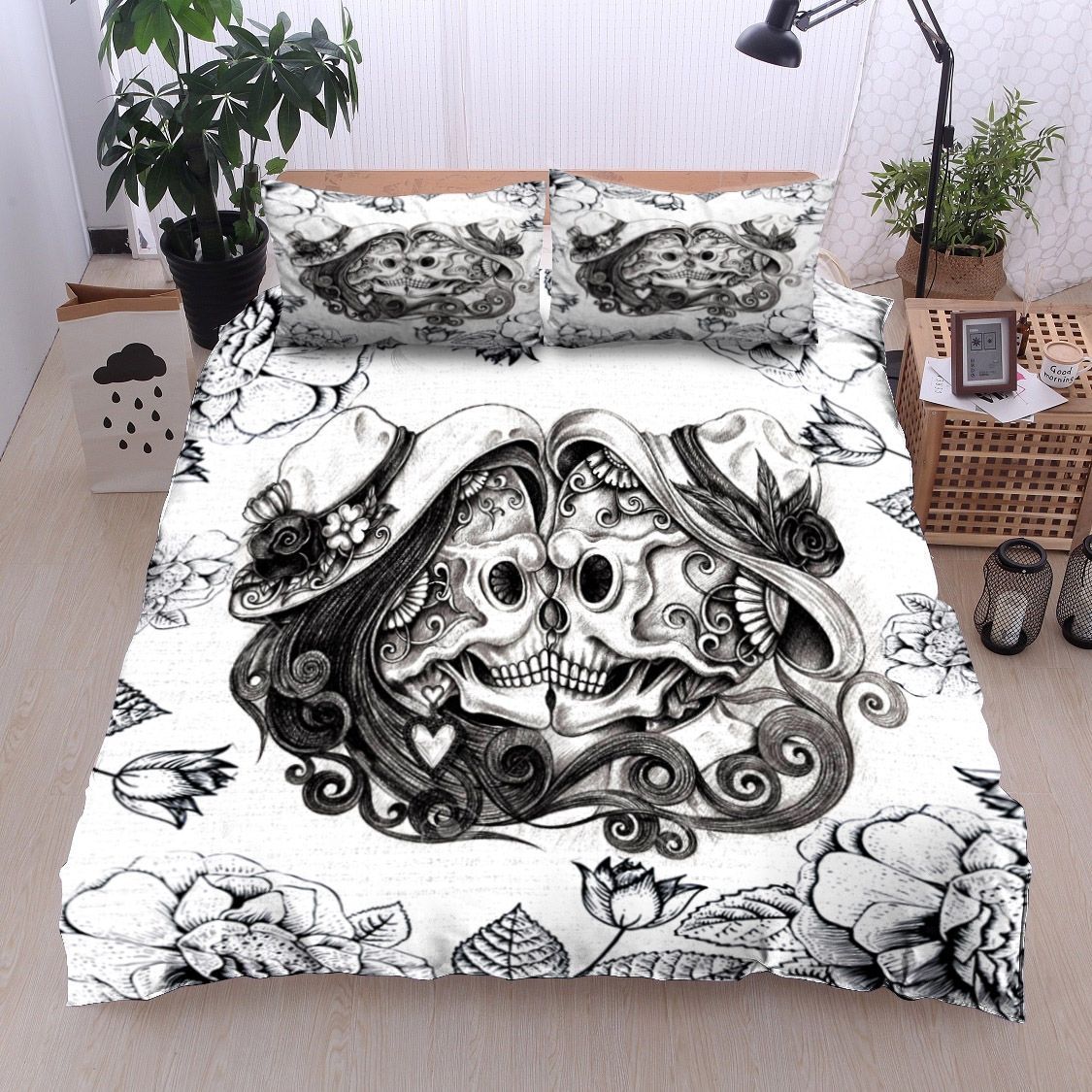 Vintage Sugar Skull Couple Bedding Set
