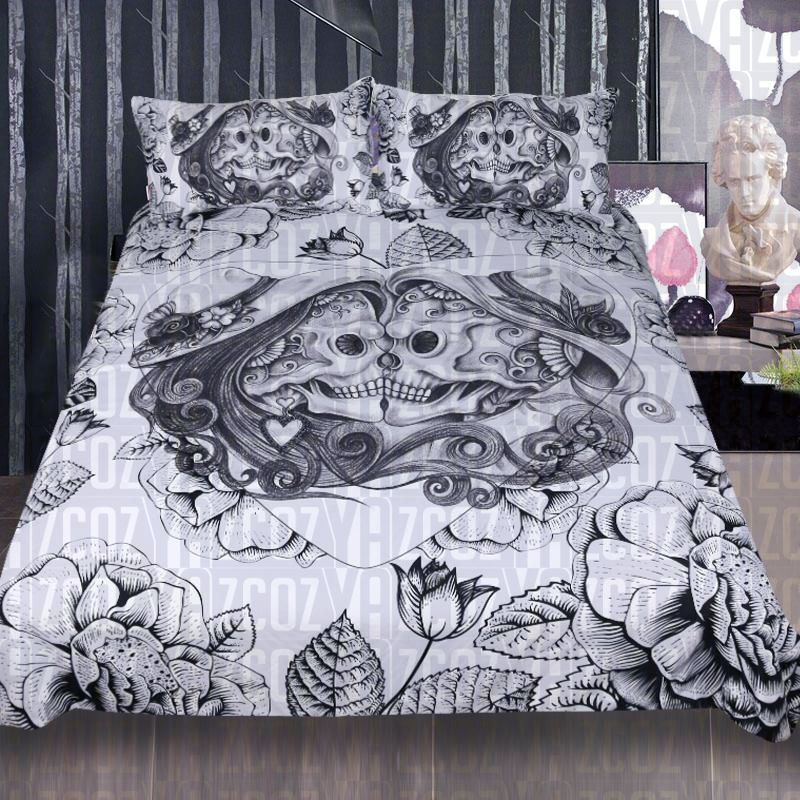 Vintage Sugar Skull Couple White Bedding Set