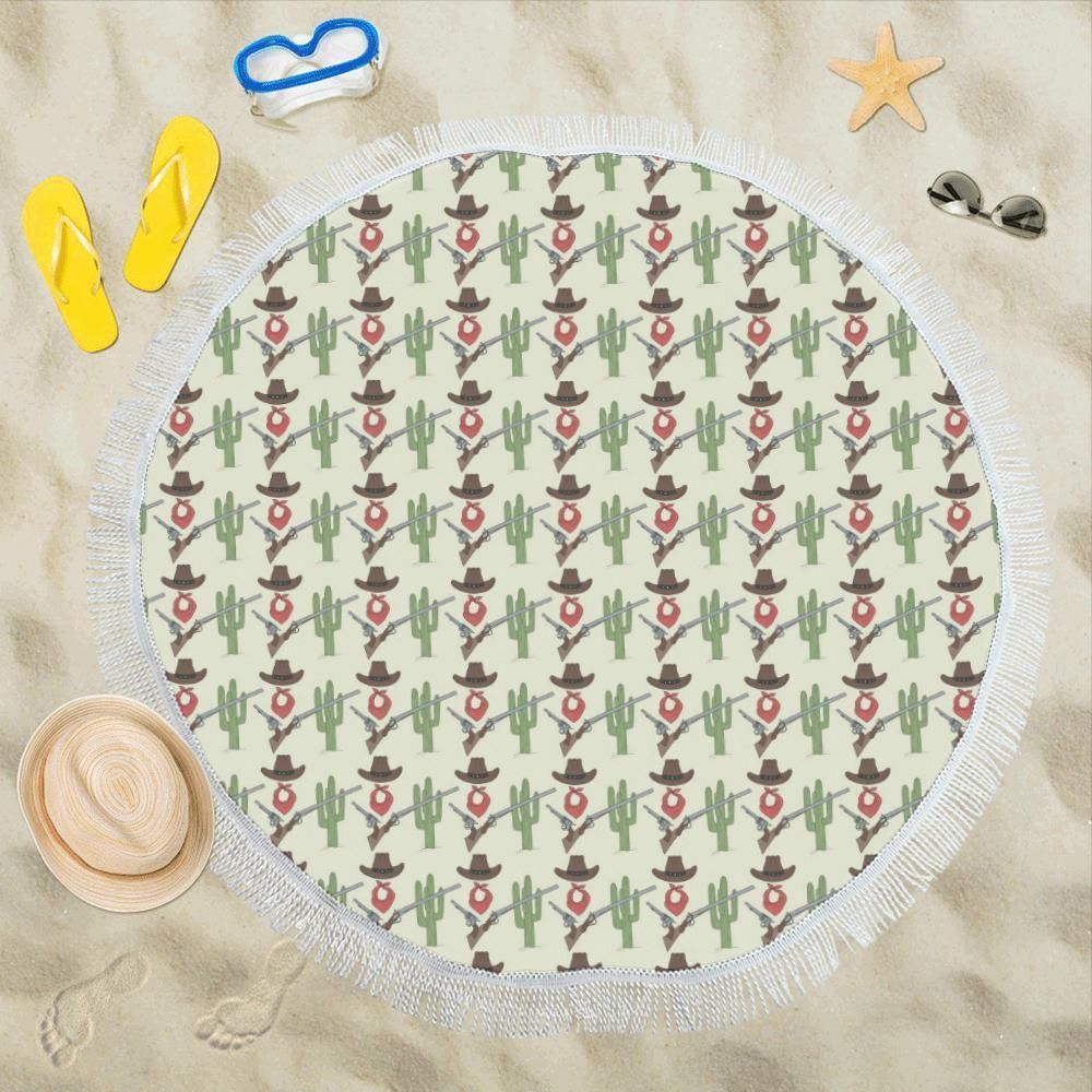 Vintage Western Cowboy Print Round Beach Towel
