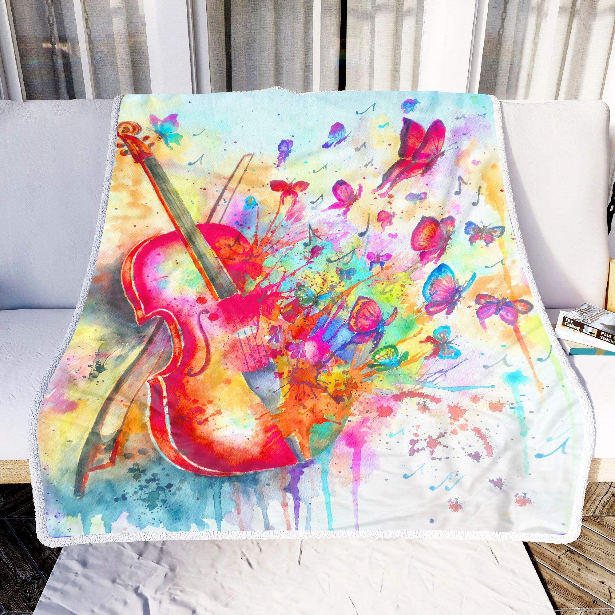 Violin With Butterfly Art Fleece Blanket