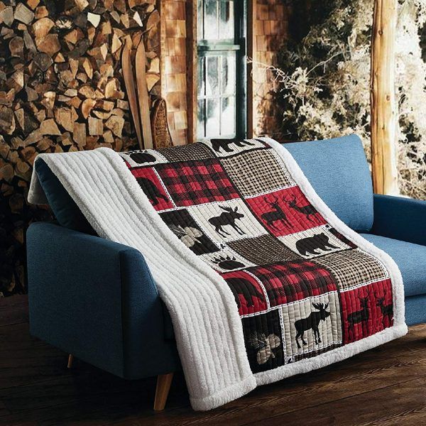 Virah Bella Lodge Life Black Bear Plaid Moose Bird Sherpa Fleece Blanket