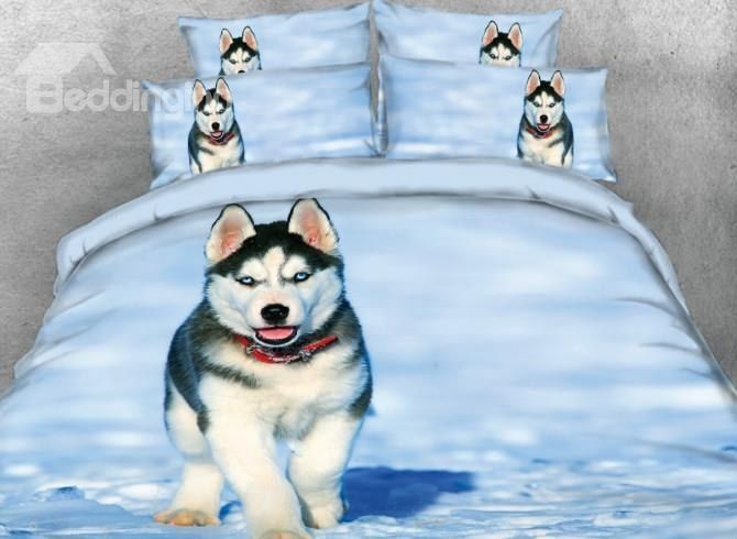 Vivilinen 3D Husky With Red Necklace In The Snow Bedding Set