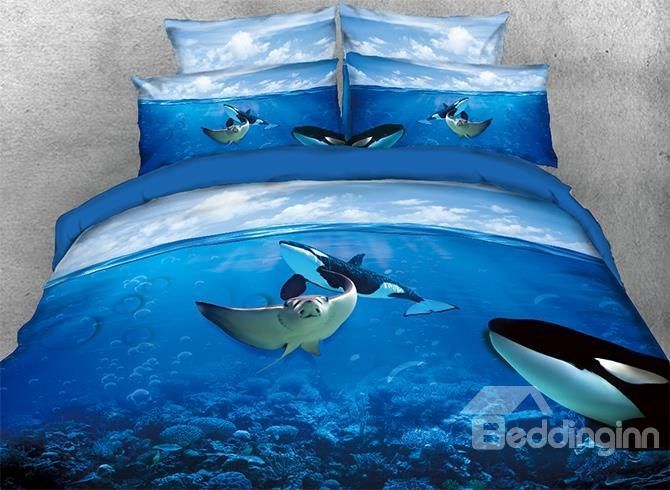 Vivilinen 3D Manta Ray And Orcas In Ocean Bedding Set