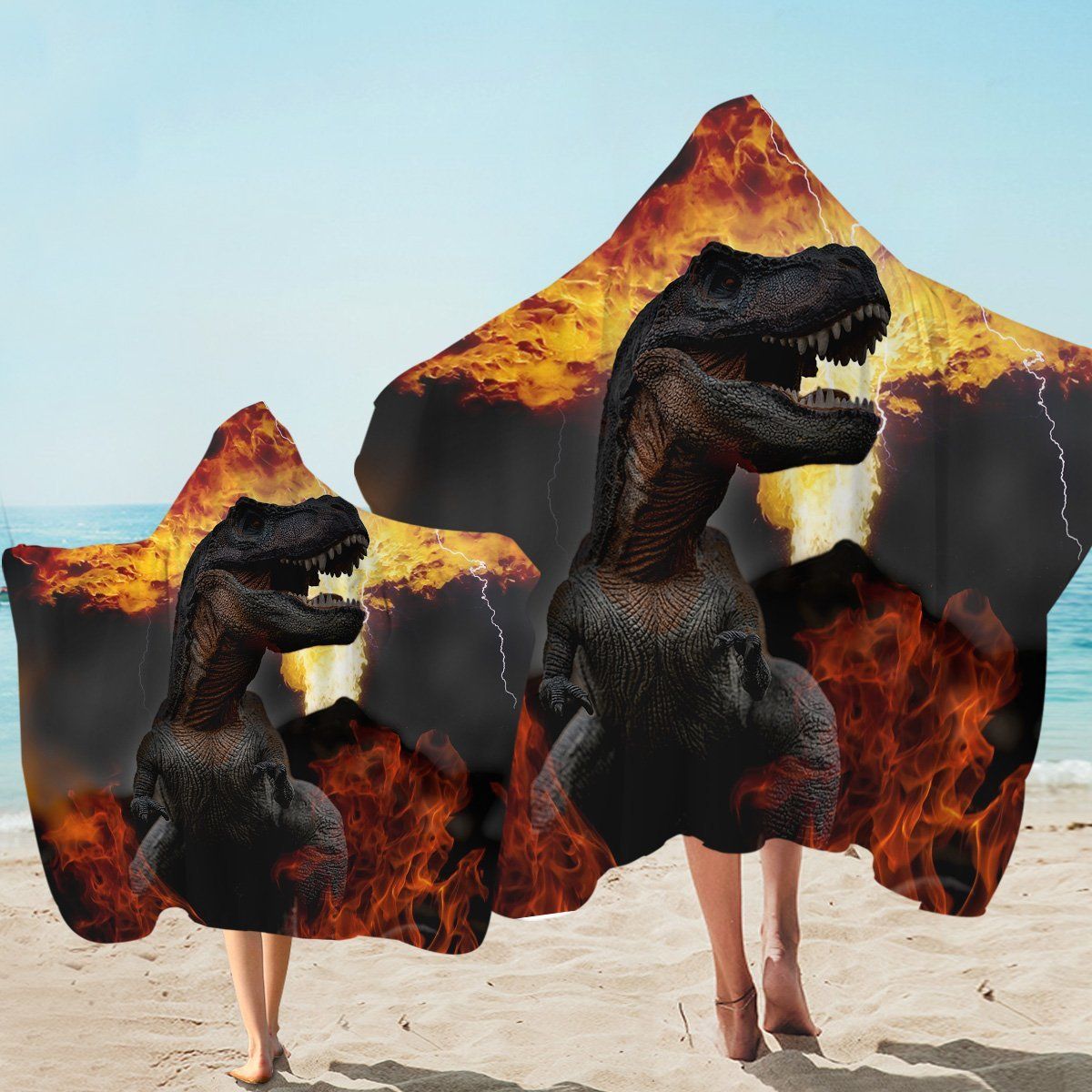 Volcanic Dinosaur Gray Lightning Printed Hooded Towel