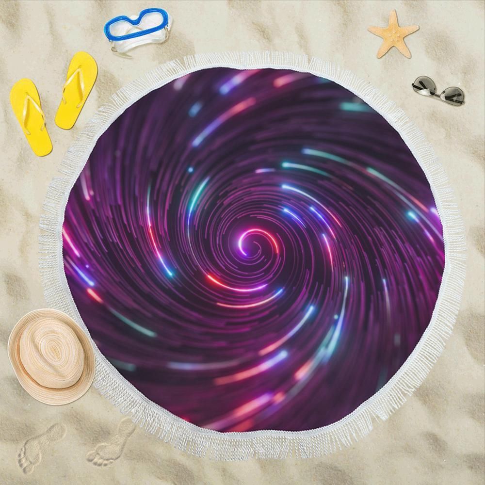 Vortex Twist Swirl Purple Neon Printed Round Beach Towel