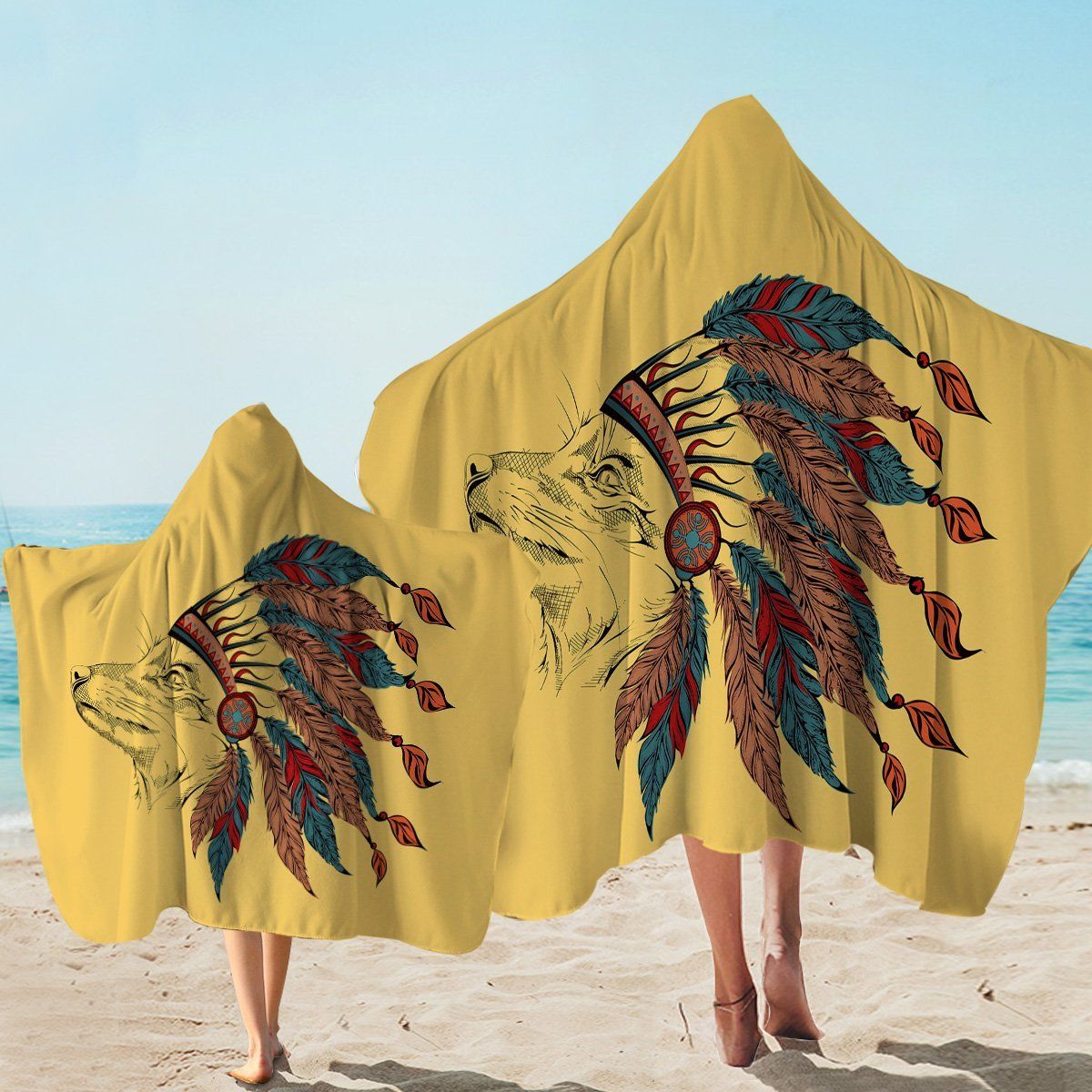 War Bonnets Dog Yellow Background Printed Hooded Towel