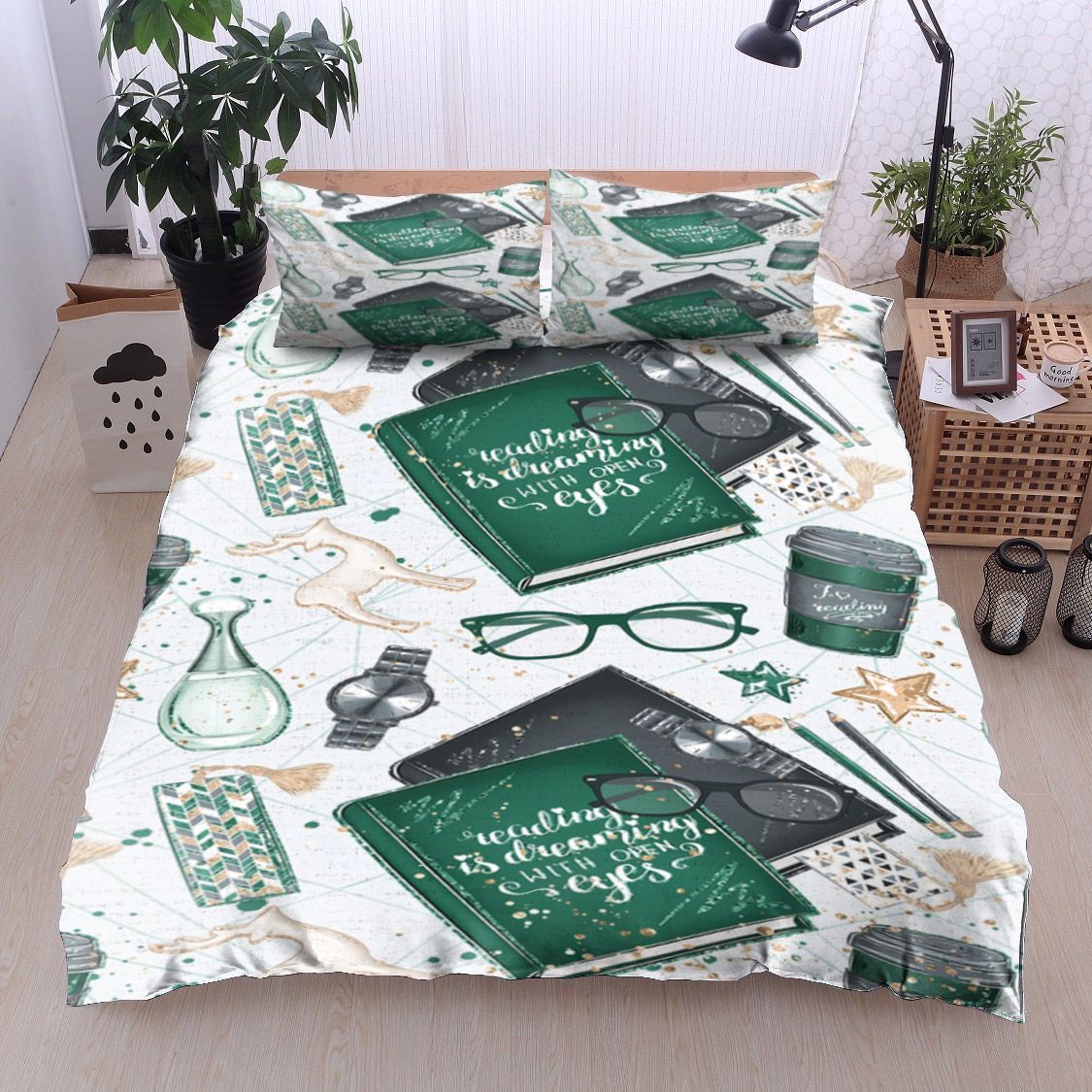 Watch Coffee Glasses Book Pencil Star Bedding Set