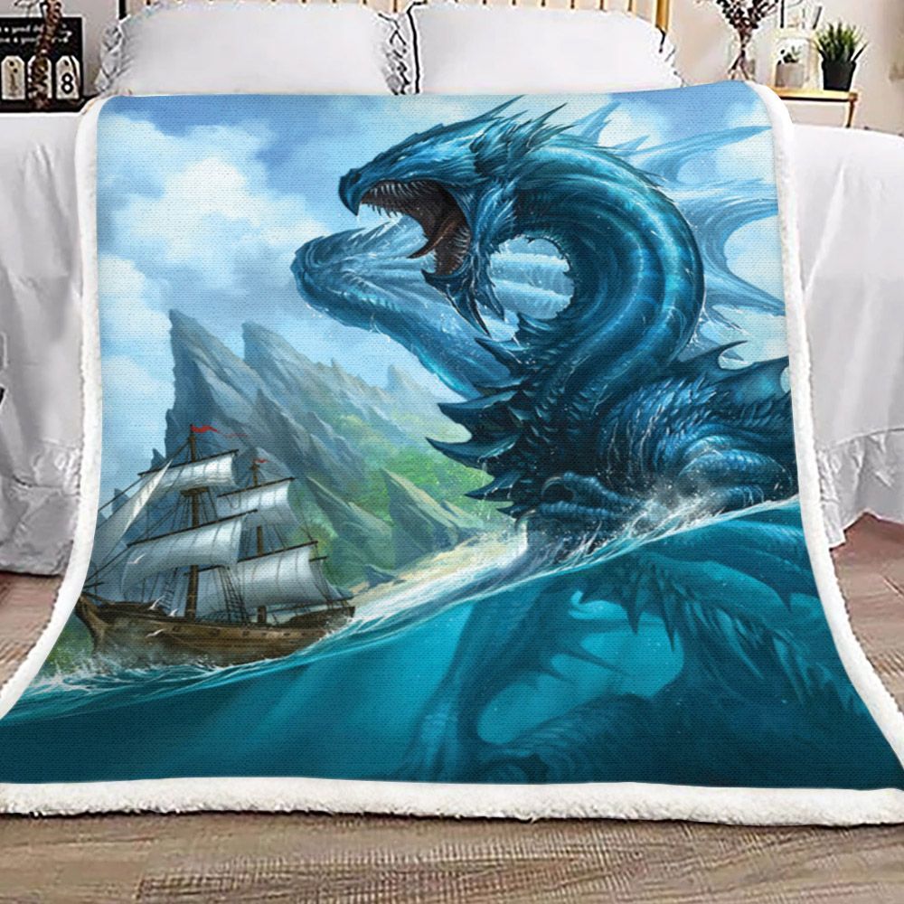Water Dragon Attacking A Ship Sherpa Fleece Blanket