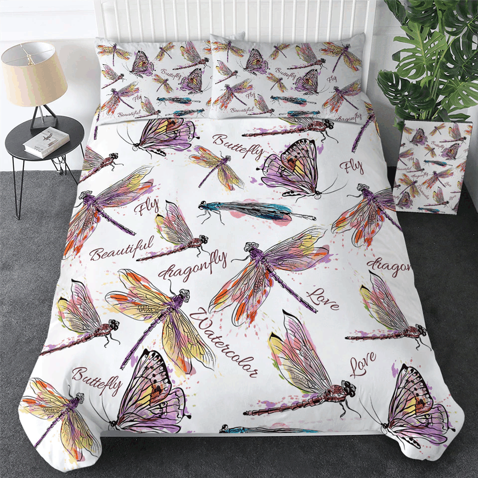 Watercolor Beautiful Dragonfly Love Bedding Set