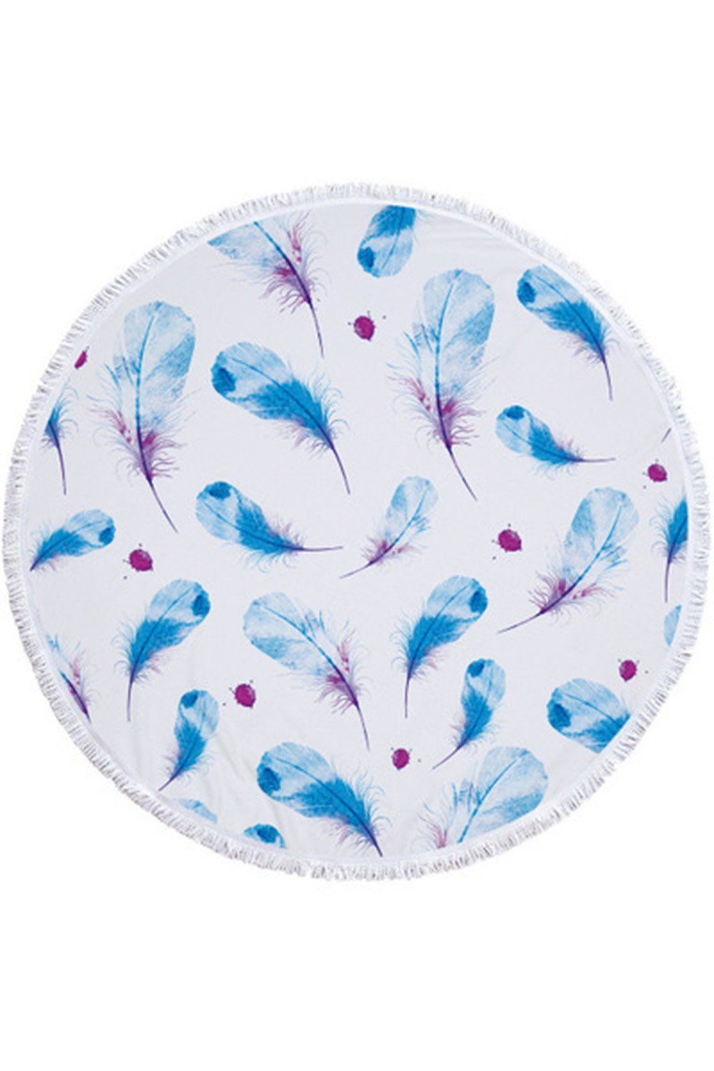 Watercolor Blue Feathers Printed Round Beach Towel