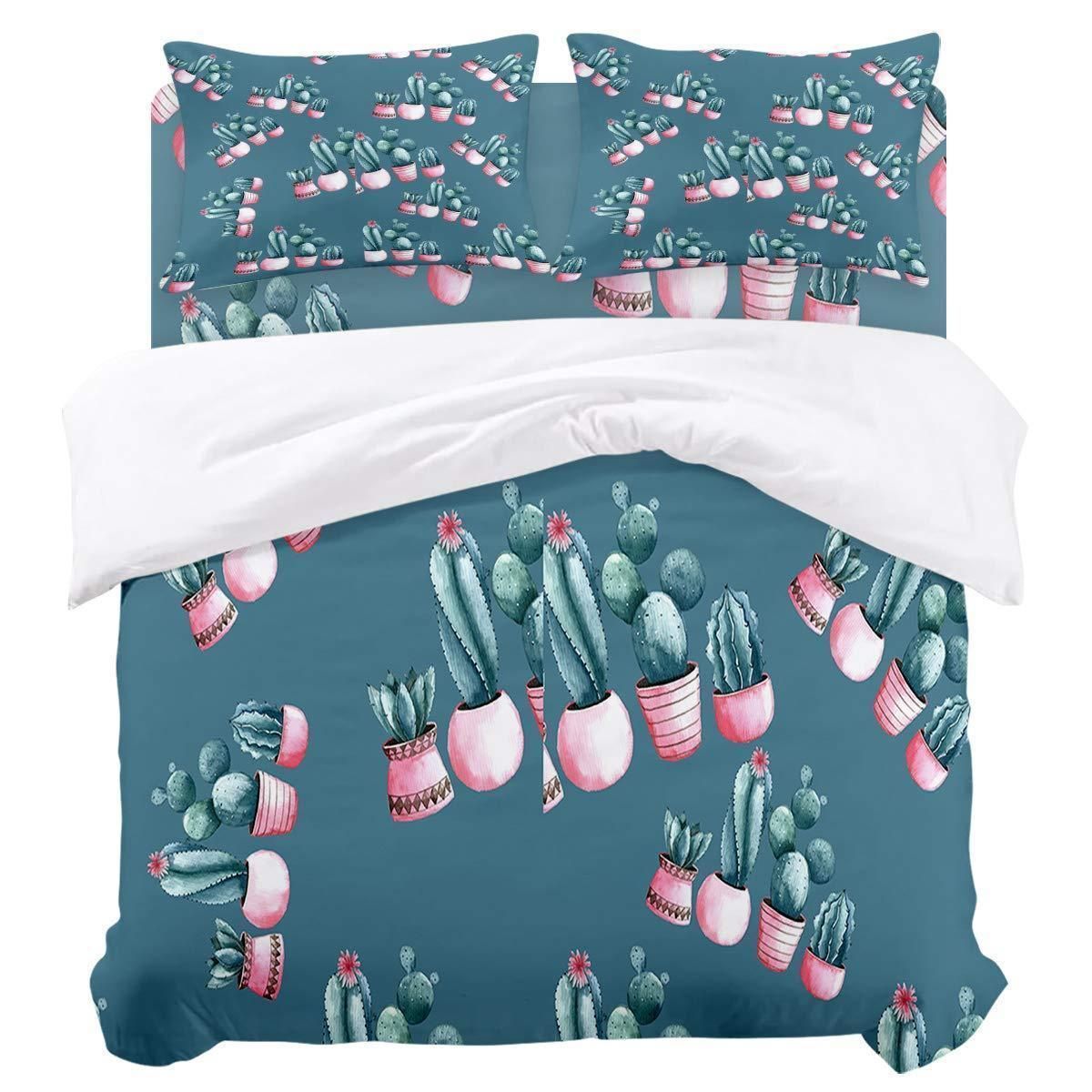 Watercolor Cactus With Spikes And Alluring Flowers Bedding Set