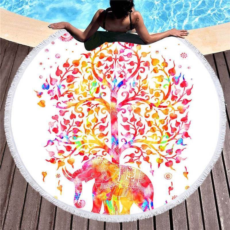 Watercolor Cartoon Elephant And Tree Round Beach Towel