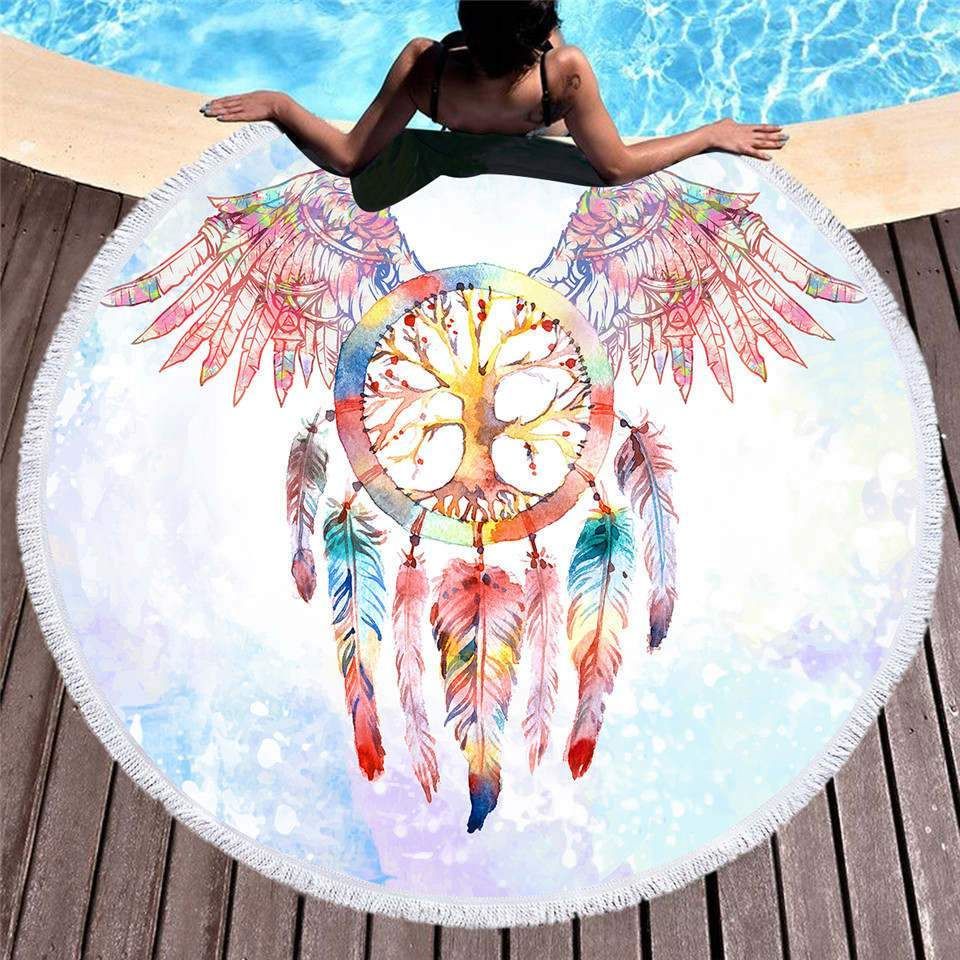Watercolor Dream Catcher With Wings Round Beach Towel