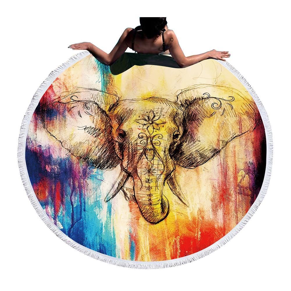 Watercolor Elephant Pattern Love Animal Printed Round Beach Towel