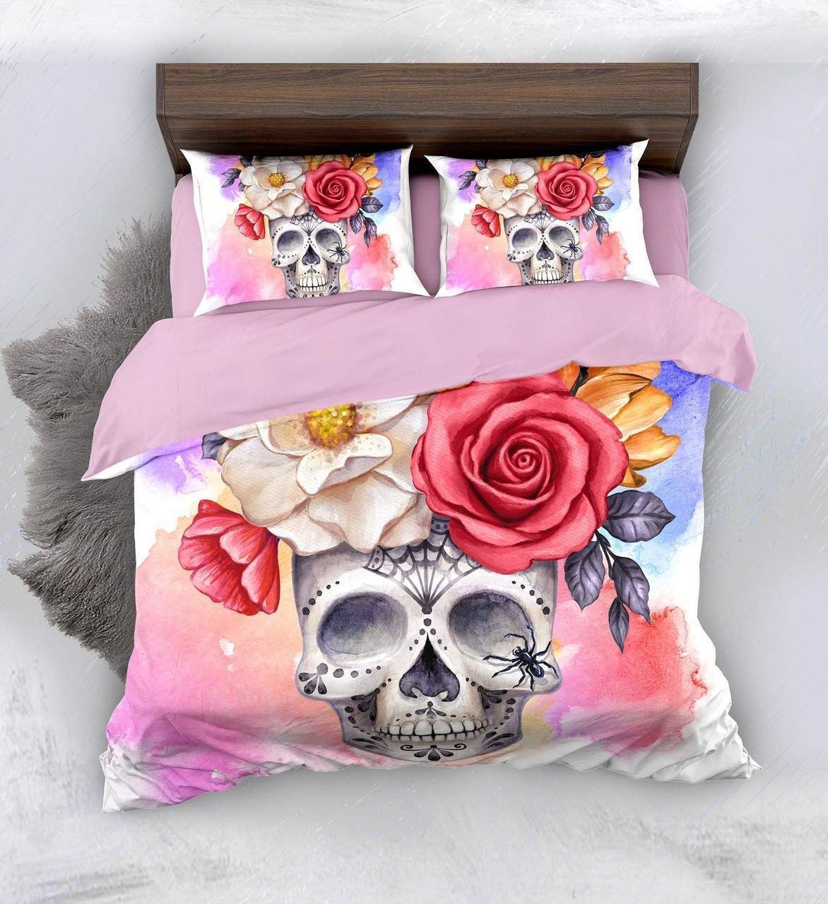 Watercolor Floral Sugar Skull Bedding Set