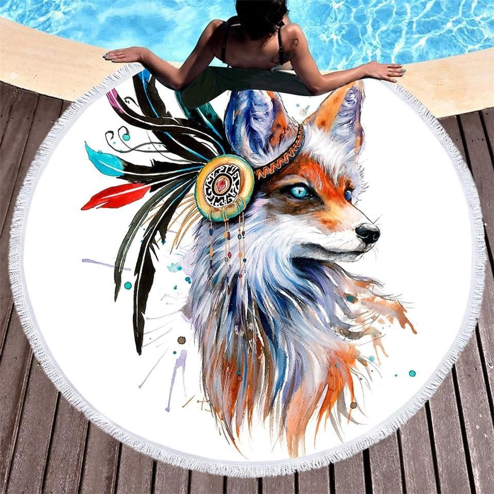 Watercolor Fox And Feather Printed Round Beach Towel