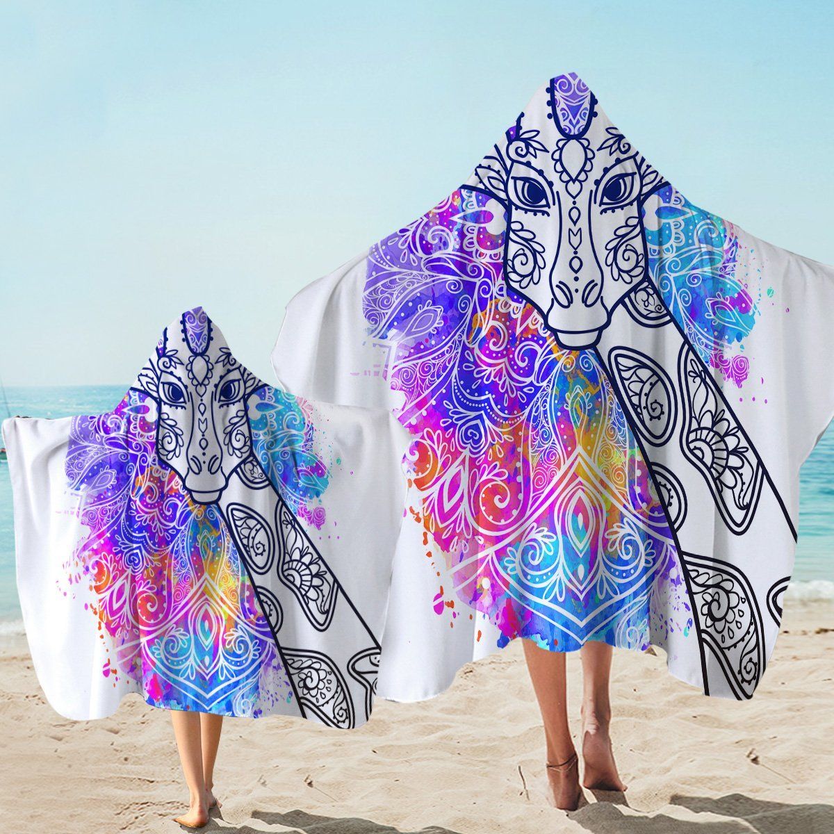 Watercolor Giraffe Peek Mandala Style Printed Hooded Towel